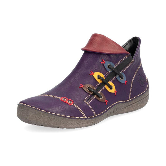 Rieker Ladies Boot 72581 Flat Ankle boot with multi coloured stitching and zip PURPLE 72581-30