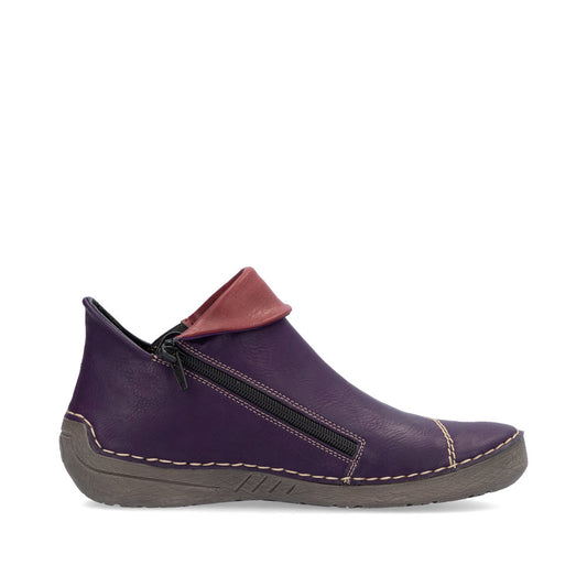 Rieker Ladies Boot 72581 Flat Ankle boot with multi coloured stitching and zip PURPLE 72581-30