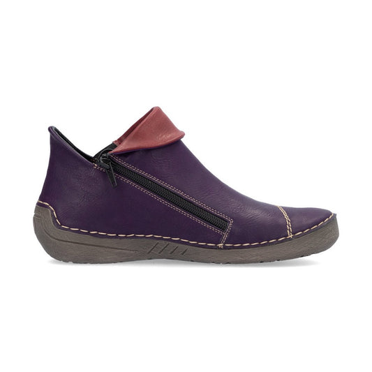 Rieker Ladies Boot 72581 Flat Ankle boot with multi coloured stitching and zip PURPLE 72581-30
