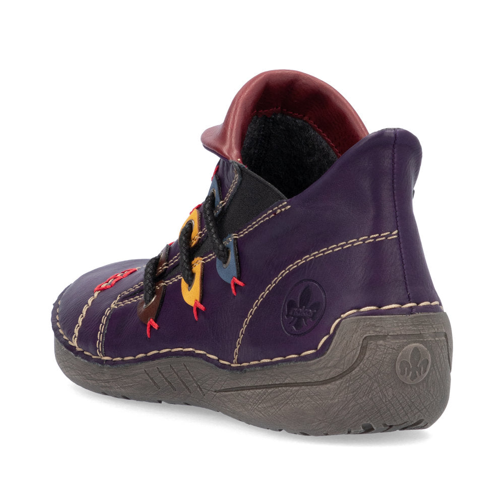 Rieker Ladies Boot 72581 Flat Ankle boot with multi coloured stitching and zip PURPLE 72581-30