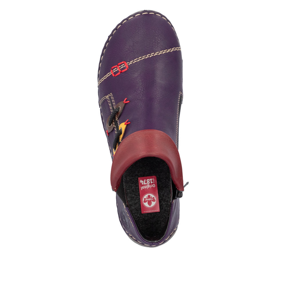Rieker Ladies Boot 72581 Flat Ankle boot with multi coloured stitching and zip PURPLE 72581-30