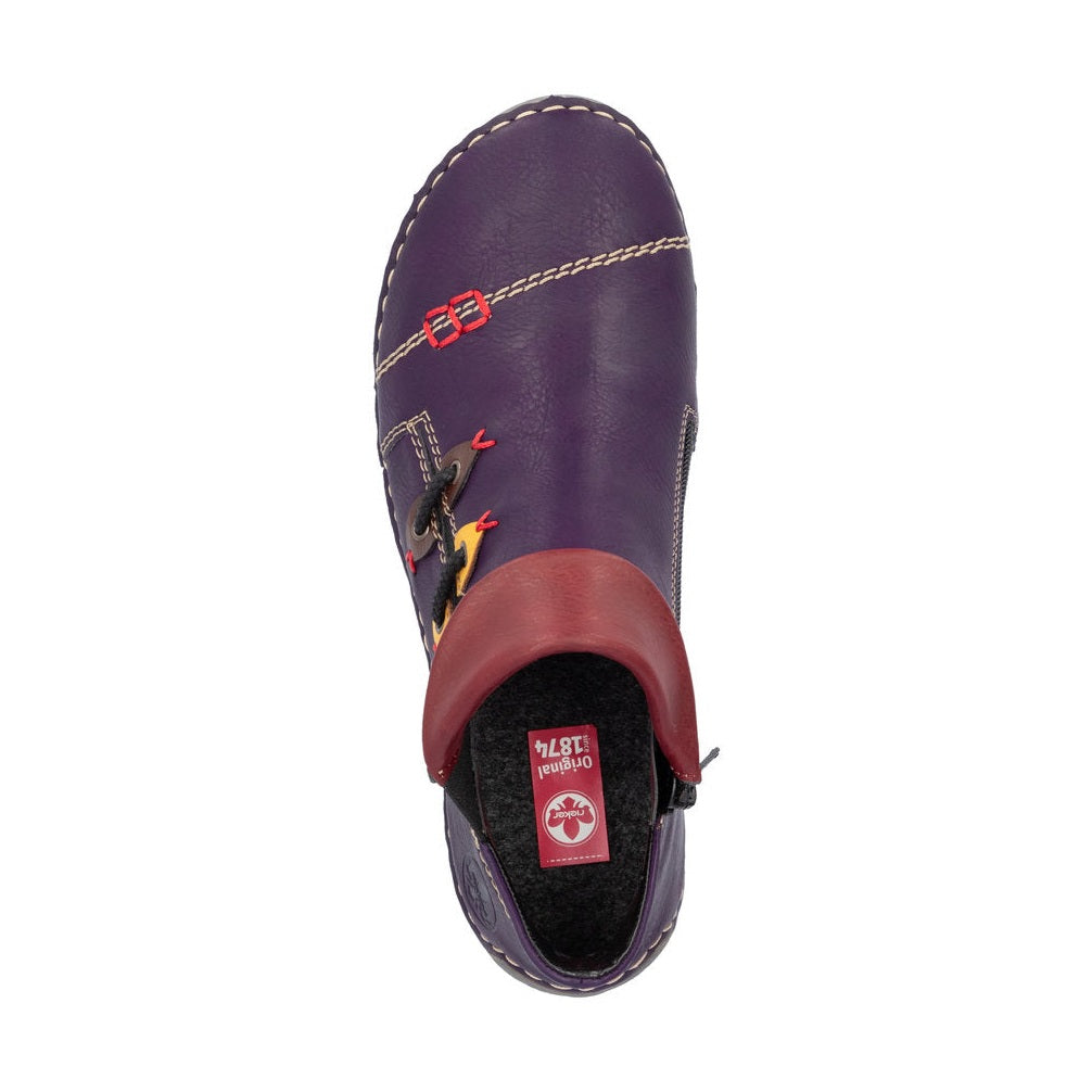 Rieker Ladies Boot 72581 Flat Ankle boot with multi coloured stitching and zip PURPLE 72581-30