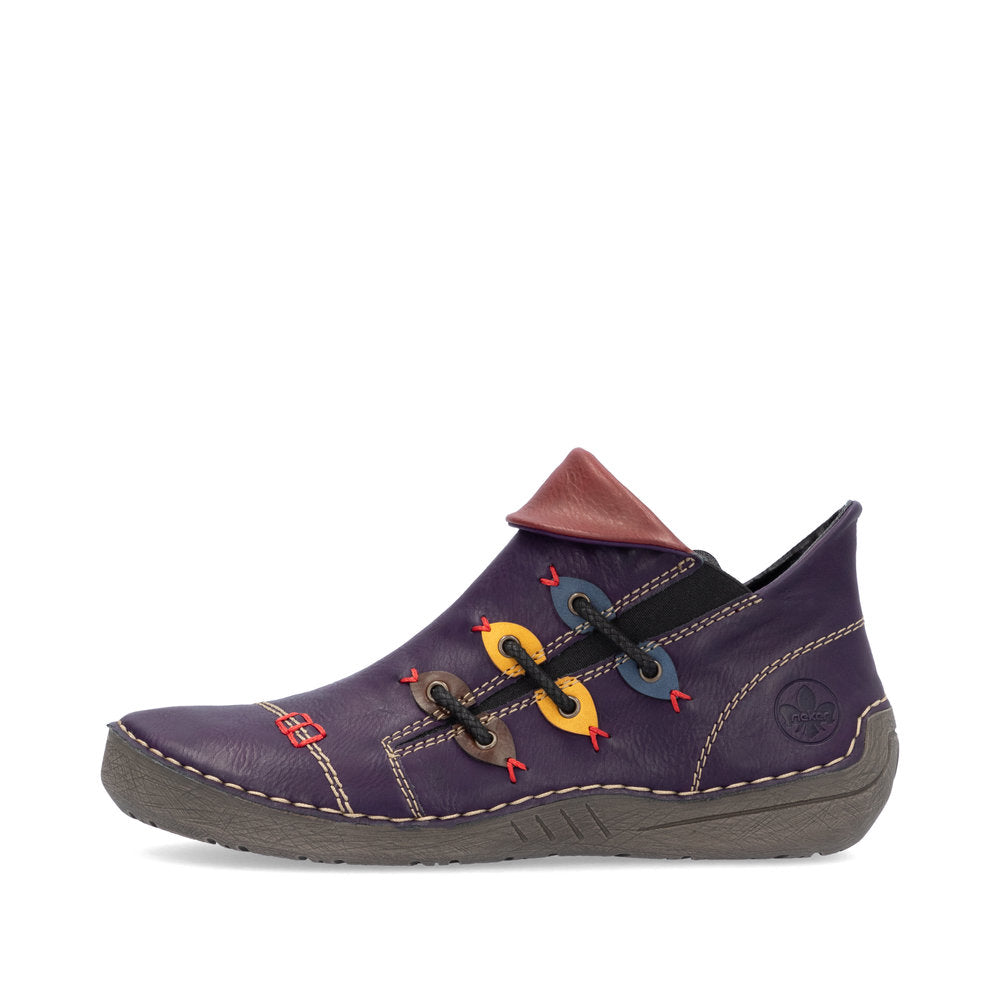 Rieker Ladies Boot 72581 Flat Ankle boot with multi coloured stitching and zip PURPLE 72581-30