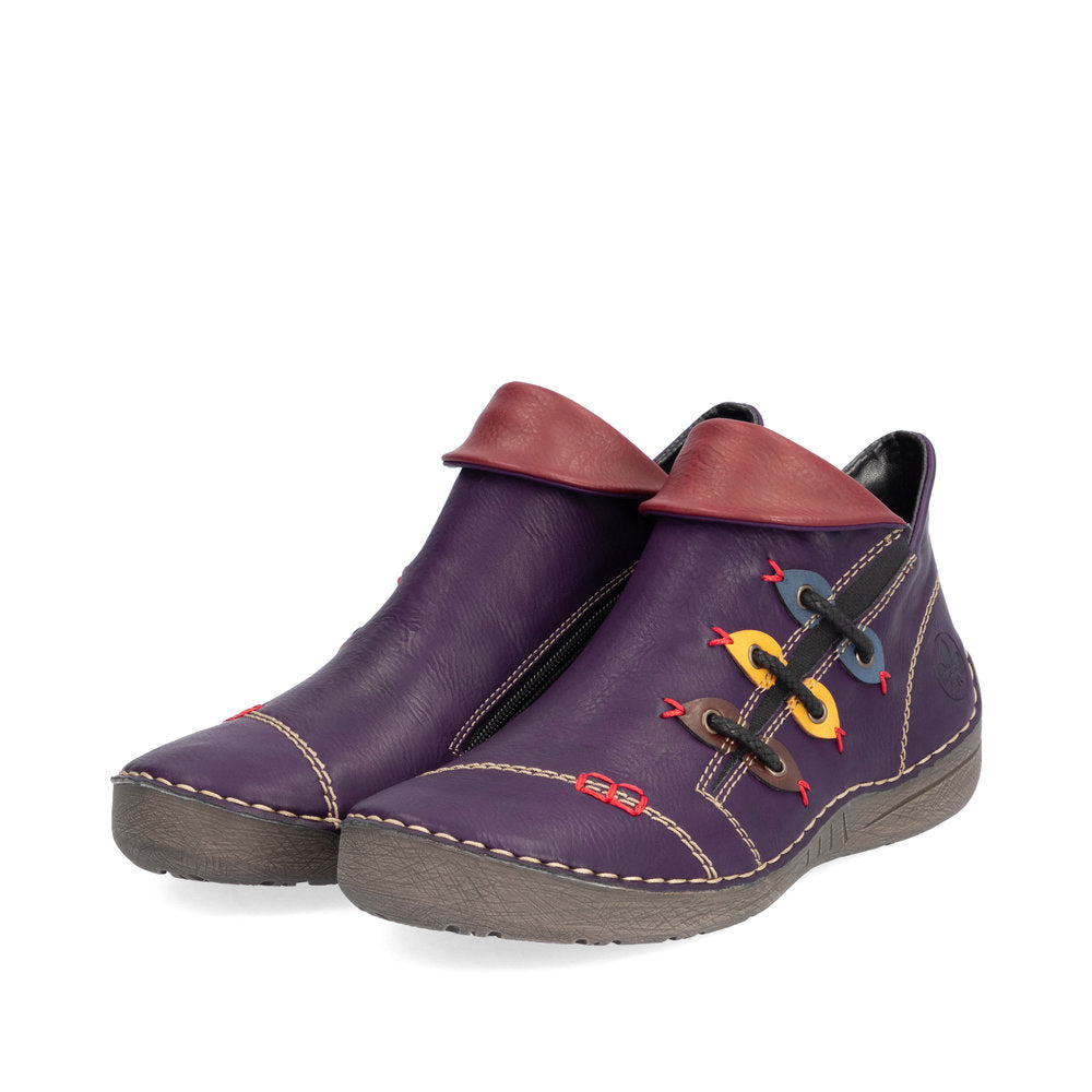 Rieker Ladies Boot 72581 Flat Ankle boot with multi coloured stitching and zip PURPLE 72581-30