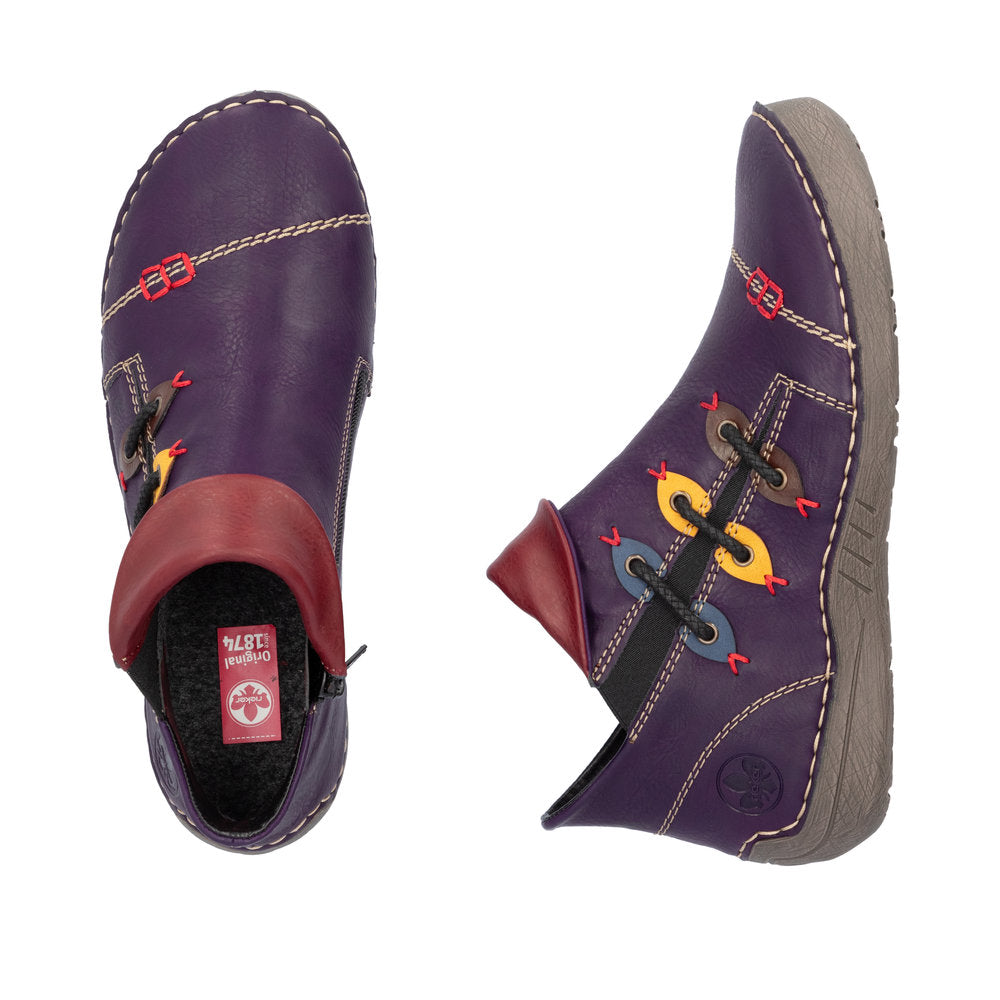 Rieker Ladies Boot 72581 Flat Ankle boot with multi coloured stitching and zip PURPLE 72581-30