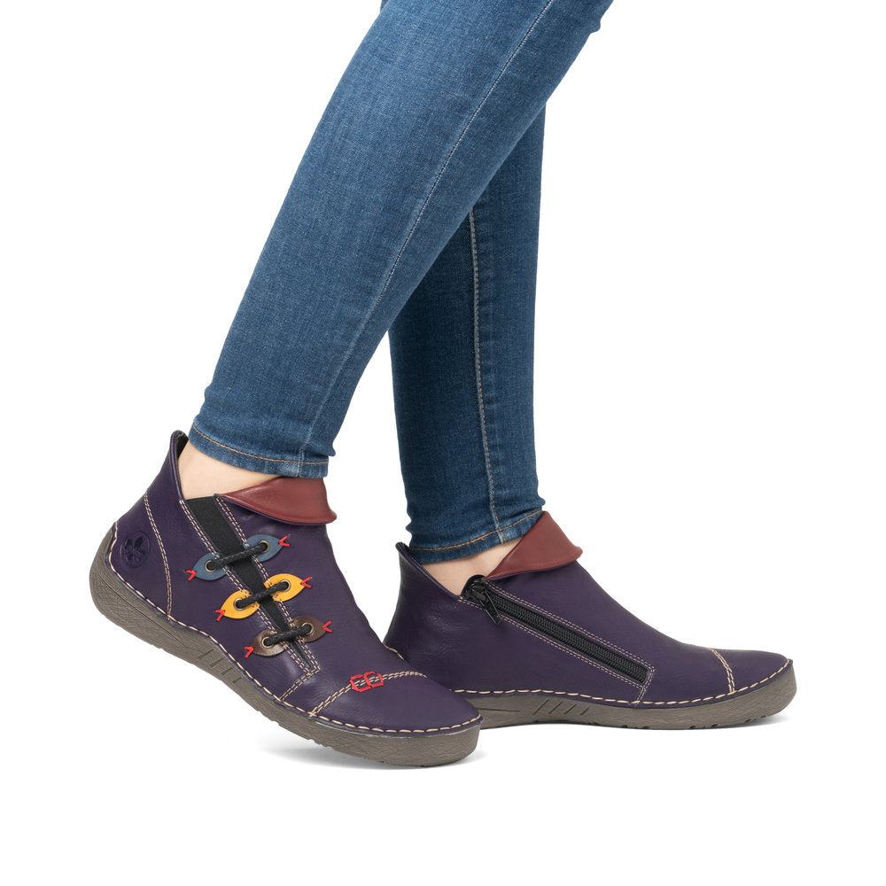 Rieker Ladies Boot 72581 Flat Ankle boot with multi coloured stitching and zip PURPLE 72581-30