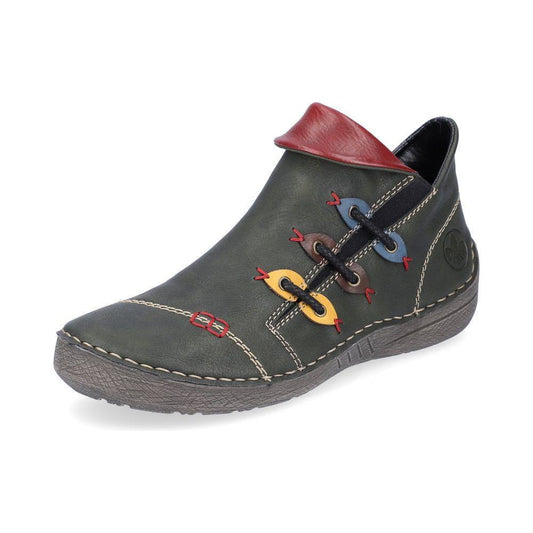 Rieker Ladies Boot 72581 Flat Ankle boot with multi coloured stitching and zip GREEN 72581-54