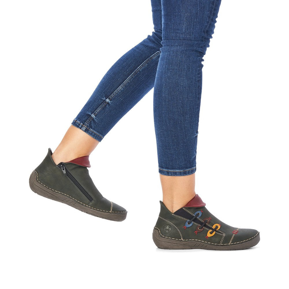 Rieker Ladies Boot 72581 Flat Ankle boot with multi coloured stitching and zip GREEN 72581-54