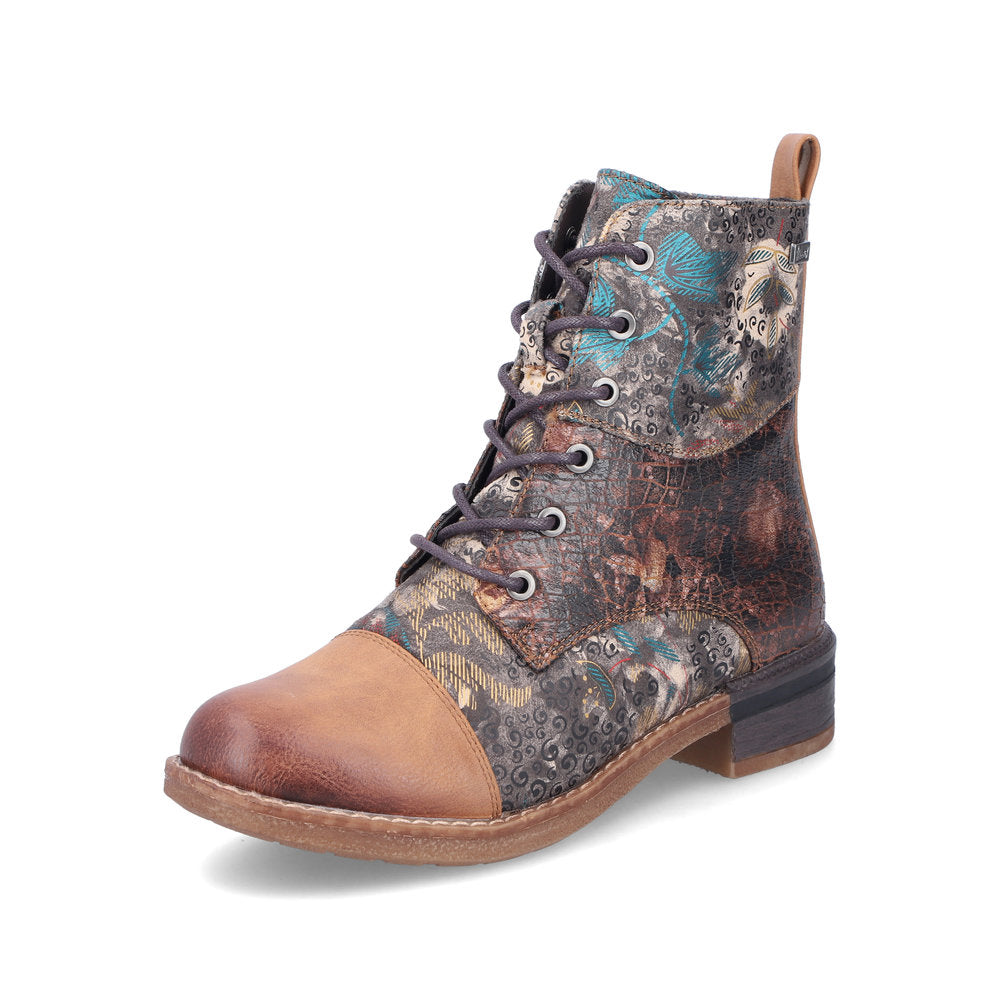 Rieker Ladies Boot 94611-90 Floral Print Ankle boot with lace and Zip BROWN PRINT 94611-90