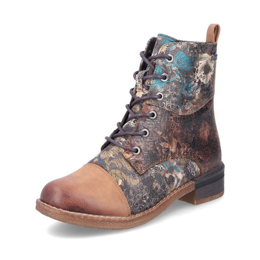 Rieker Ladies Boot 94611-90 Floral Print Ankle boot with lace and Zip BROWN PRINT 94611-90