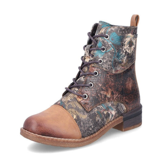 Rieker Ladies Boot 94611-90 Floral Print Ankle boot with lace and Zip BROWN PRINT 94611-90