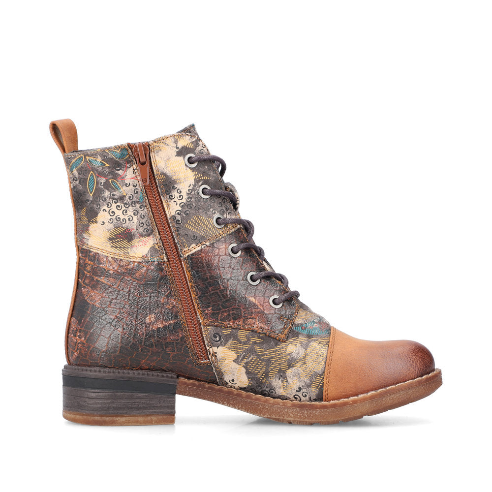 Rieker Ladies Boot 94611-90 Floral Print Ankle boot with lace and Zip BROWN PRINT 94611-90