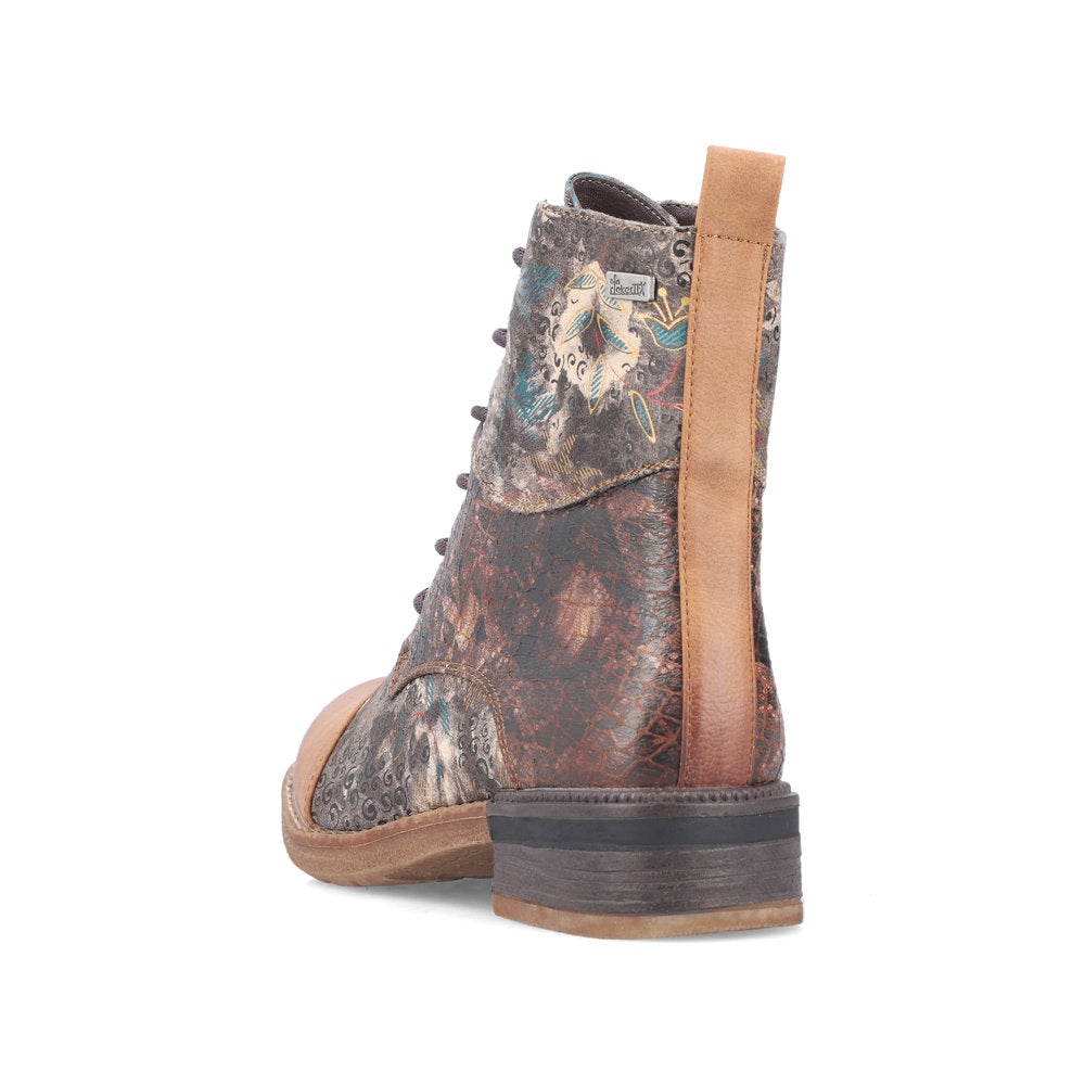 Rieker Ladies Boot 94611-90 Floral Print Ankle boot with lace and Zip BROWN PRINT 94611-90