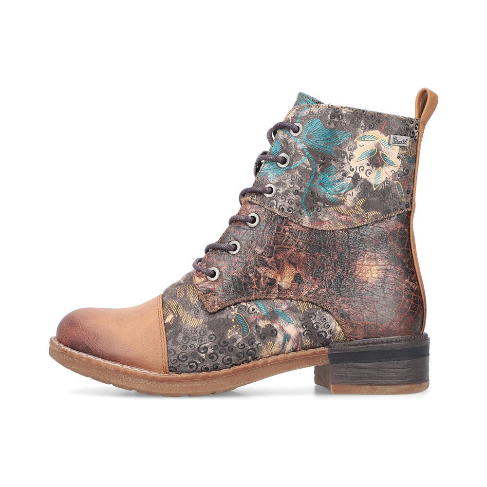 Rieker Ladies Boot 94611-90 Floral Print Ankle boot with lace and Zip BROWN PRINT 94611-90