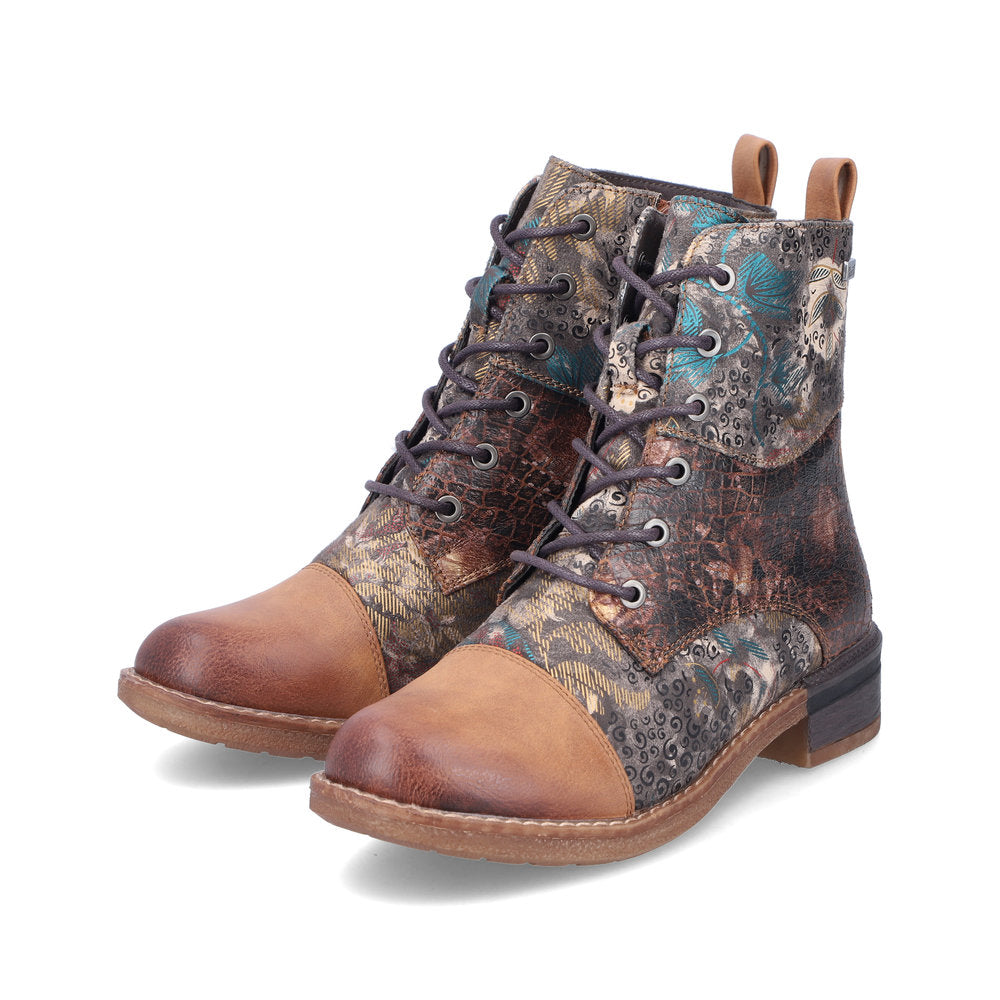 Rieker Ladies Boot 94611-90 Floral Print Ankle boot with lace and Zip BROWN PRINT 94611-90