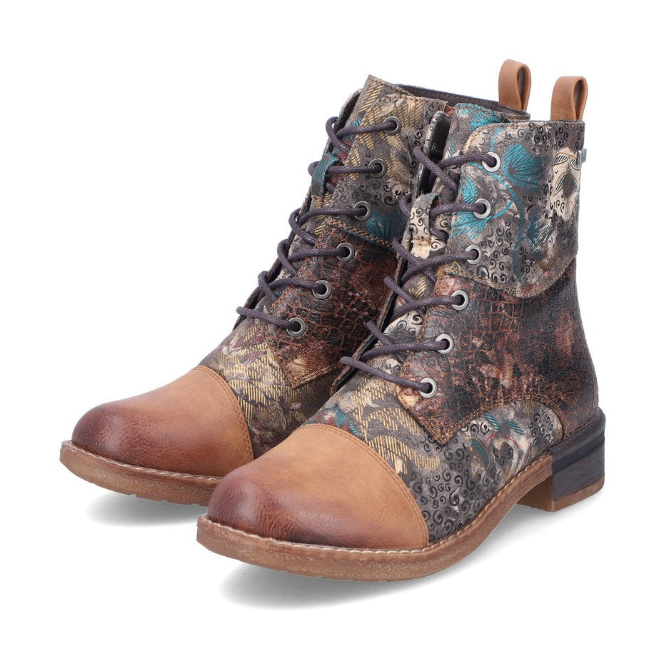 Rieker Ladies Boot 94611-90 Floral Print Ankle boot with lace and Zip BROWN PRINT 94611-90