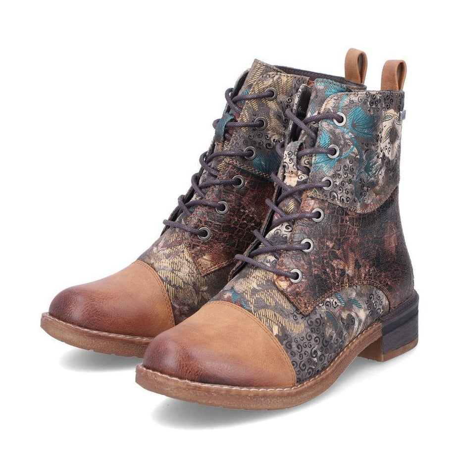 Rieker Ladies Boot 94611-90 Floral Print Ankle boot with lace and Zip BROWN PRINT 94611-90