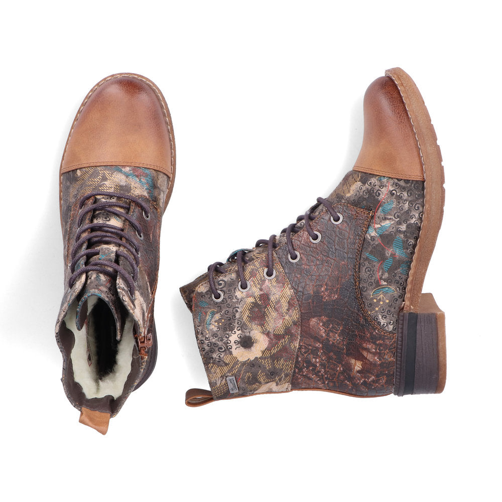 Rieker Ladies Boot 94611-90 Floral Print Ankle boot with lace and Zip BROWN PRINT 94611-90