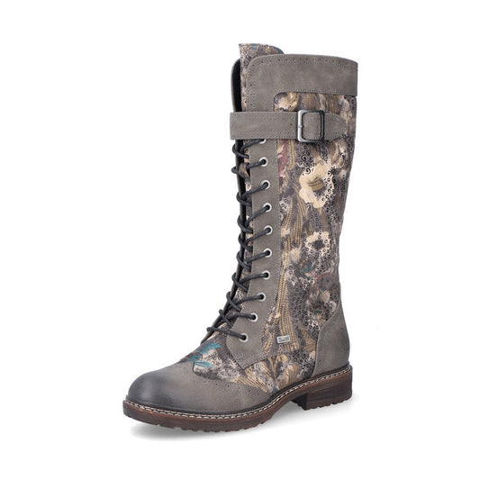 Rieker Boot 94734 Long Riding Boot with Lace and Zip 94734-90 BROWNFLORAL PRINT