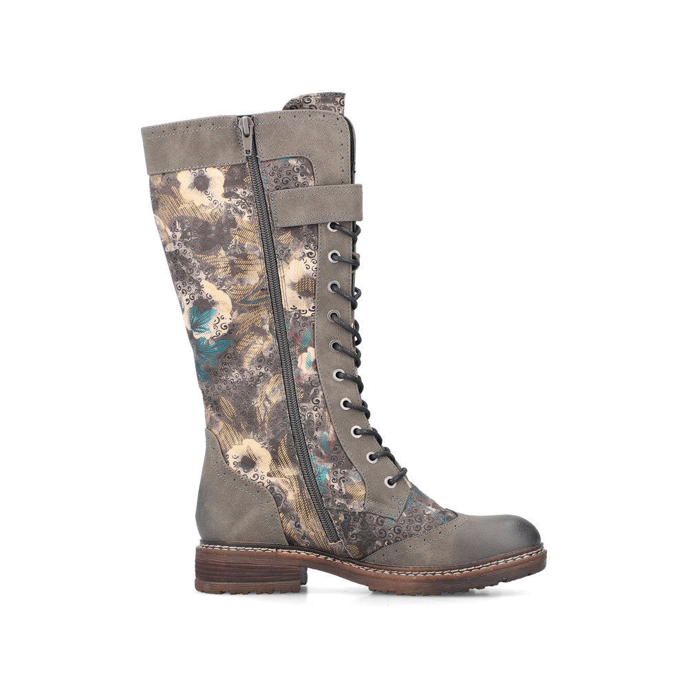 Rieker Boot 94734 Long Riding Boot with Lace and Zip 94734-90 BROWNFLORAL PRINT