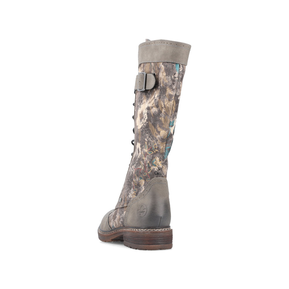 Rieker Boot 94734 Long Riding Boot with Lace and Zip 94734-90 BROWNFLORAL PRINT