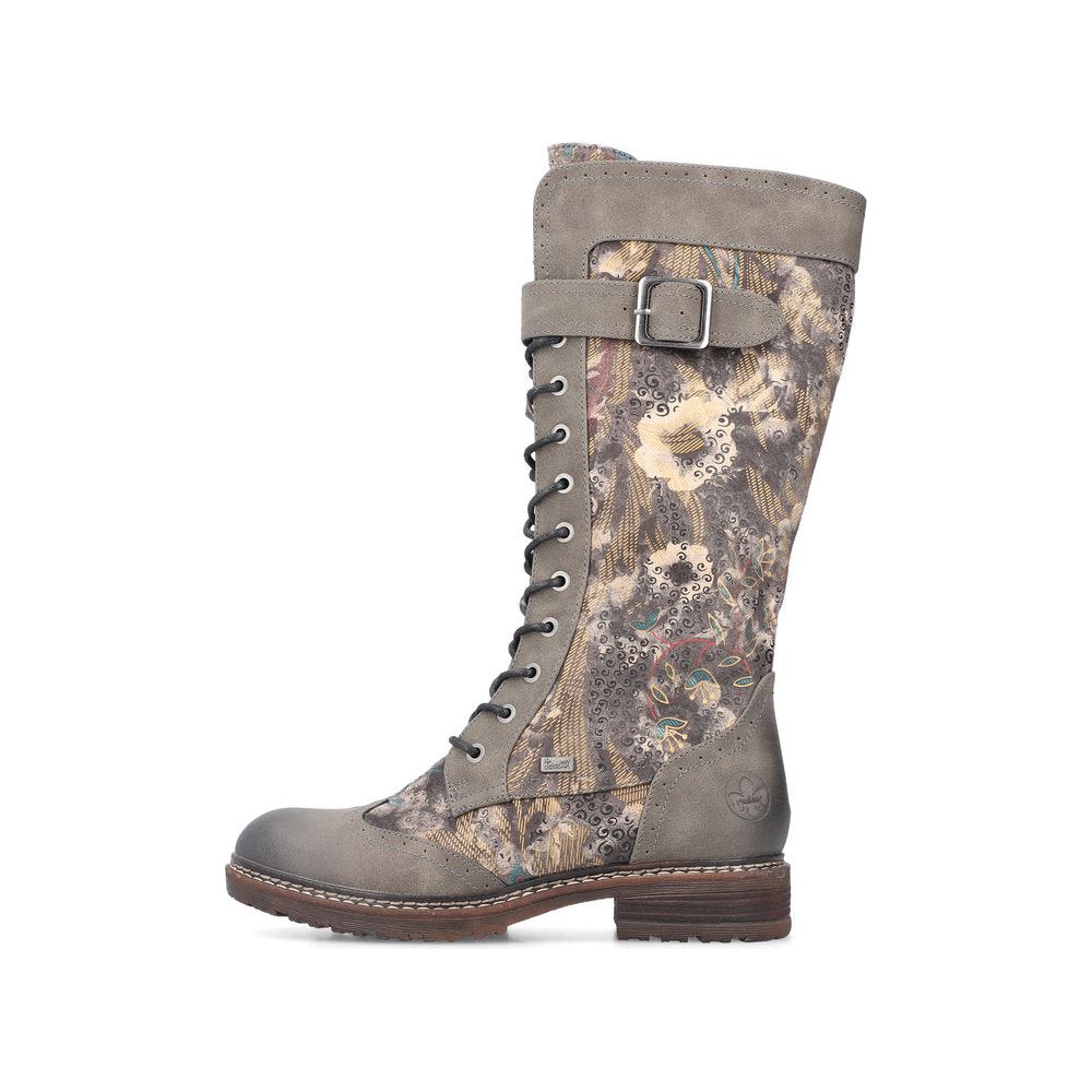 Rieker Boot 94734 Long Riding Boot with Lace and Zip 94734-90 BROWNFLORAL PRINT