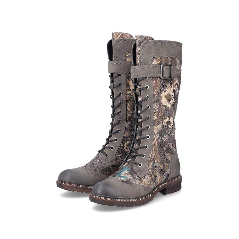 Rieker Boot 94734 Long Riding Boot with Lace and Zip 94734-90 BROWNFLORAL PRINT