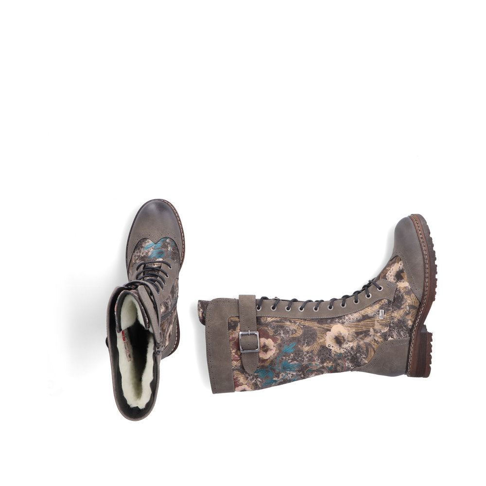 Rieker Boot 94734 Long Riding Boot with Lace and Zip 94734-90 BROWNFLORAL PRINT