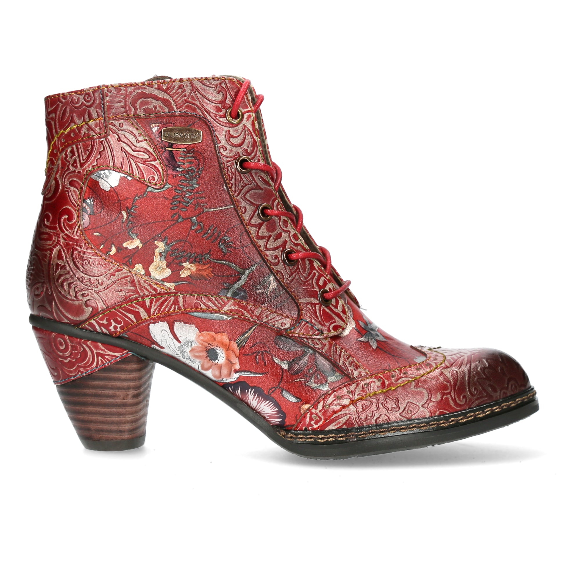 Laura Vita Alcizeeo 01 ROUGE Leather Mid Heel Lace up Boot with Zip