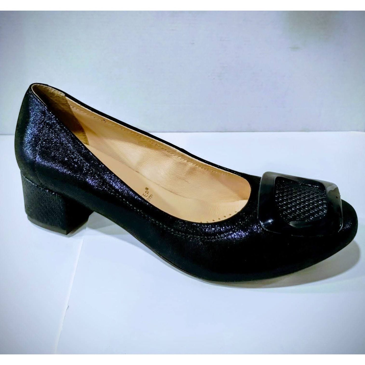 Bioeco Occasion Wear 6756 NAVY SHIMMER Soft Leather Wide Fitting Block Heel Court Shoe