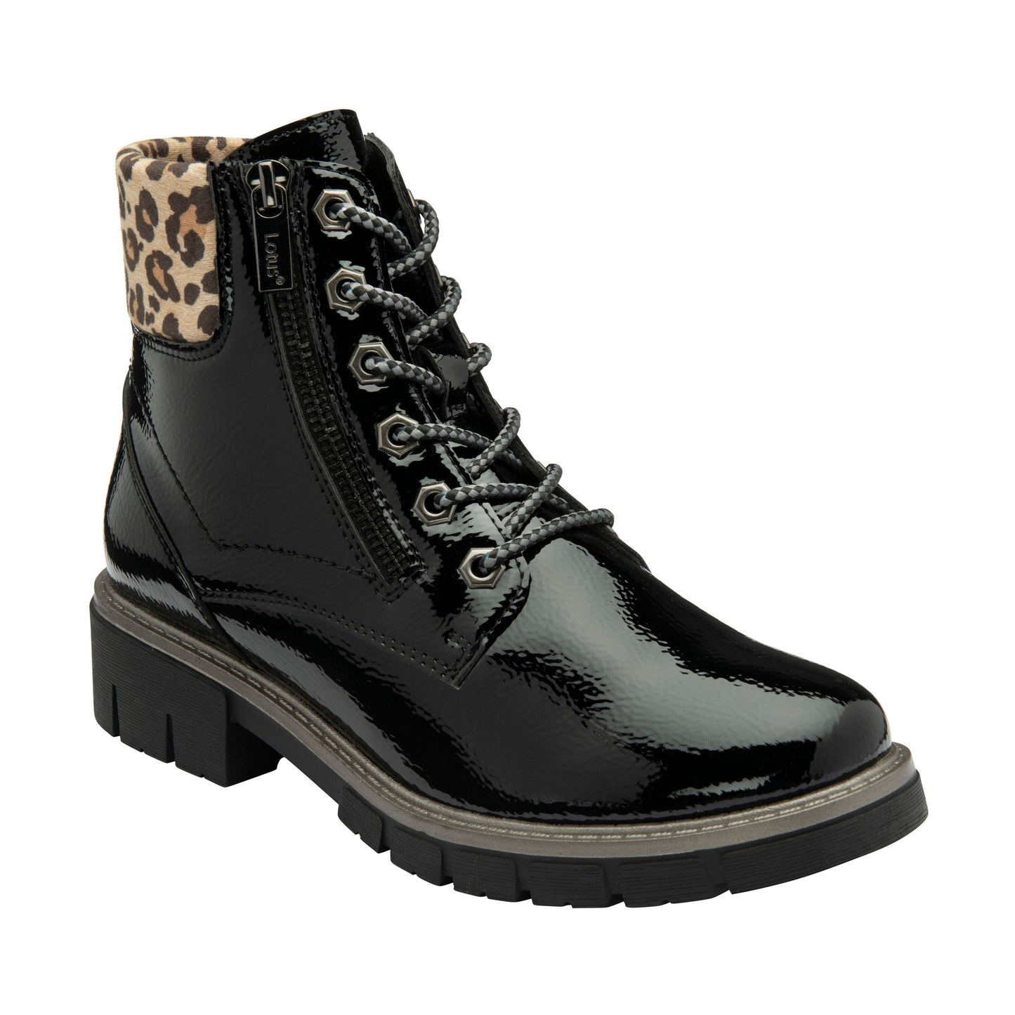 Lotus Boot Charleston Patent Ankle Boot with Lace and zip BLACK PAT ULB383