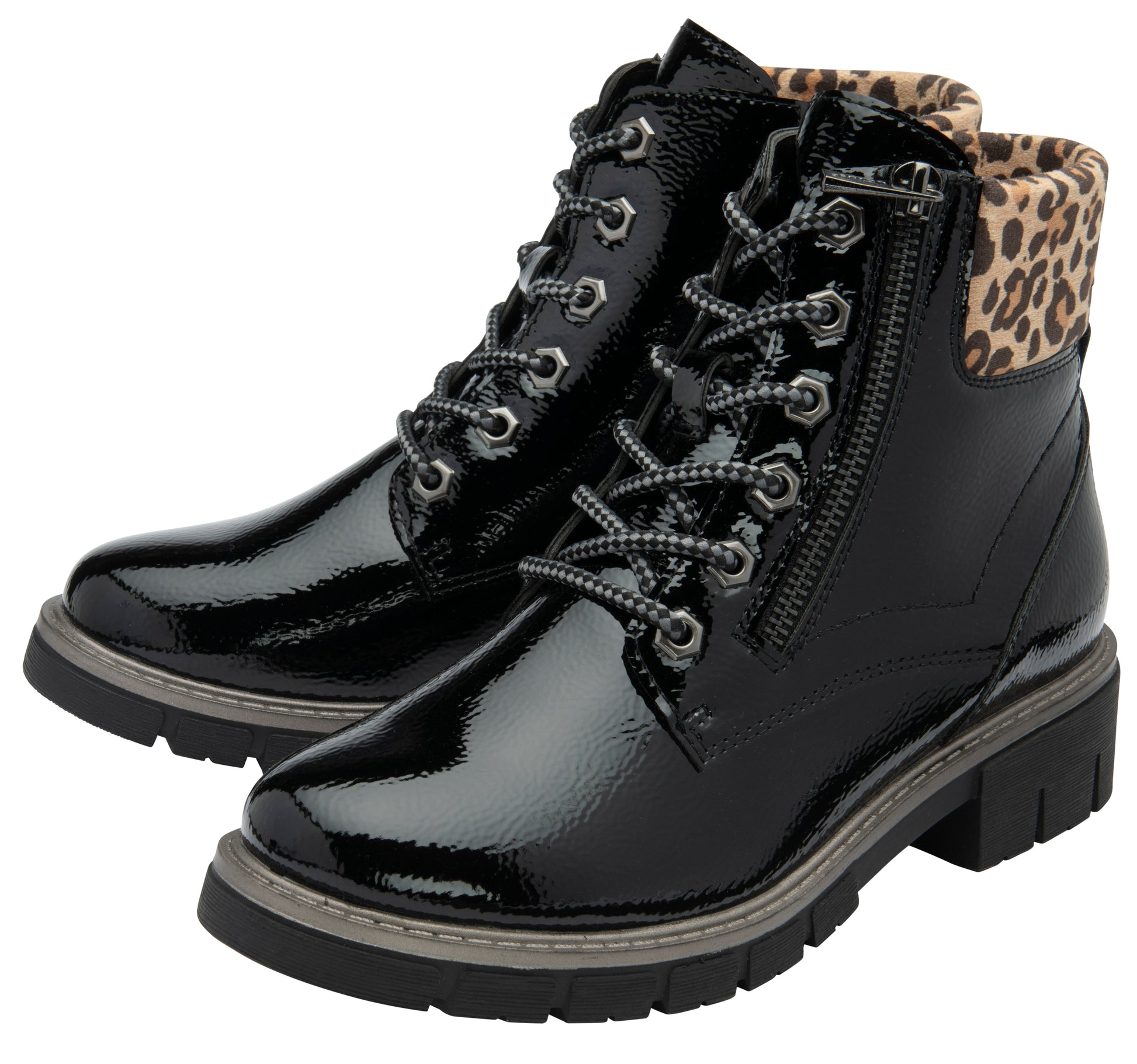 Lotus Boot Charleston Patent Ankle Boot with Lace and zip BLACK PAT ULB383