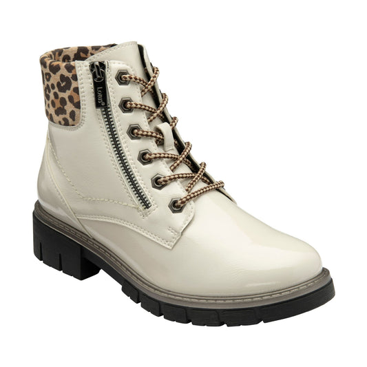 Lotus Boot Charleston Patent Ankle Boot with Lace and zip WHITE ULB383