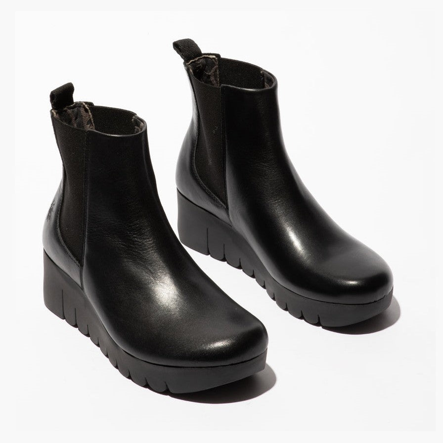 Fly London Vaze BLACK Soft Leather Wedge Heel Chelsea Boot