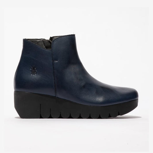 Fly London Vang NAVY Soft Leather Chunky Wedge Zip ankle Boot