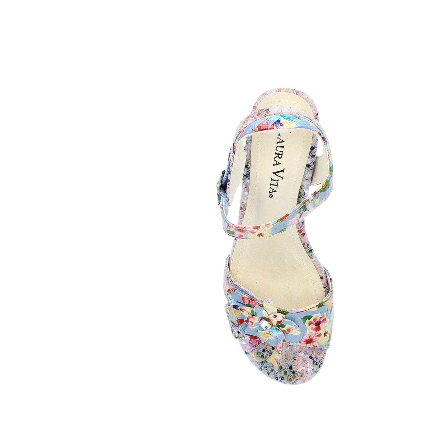 Laura Vita Framboiseo 16 BLEU Touch Fastening Bar Shoe With Floral Heel Trim