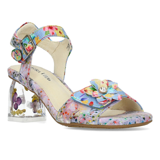 Laura Vita Framboiseo 16 BLEU Touch Fastening Bar Shoe With Floral Heel Trim