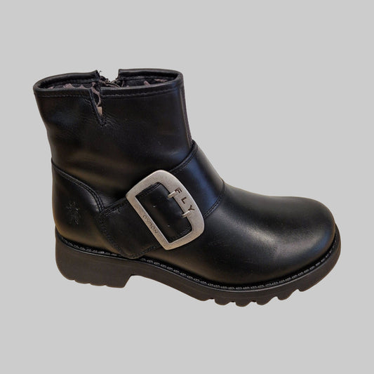 Fly London Riley BLACK Leather Zip Ankle Boot with Buckle Trim