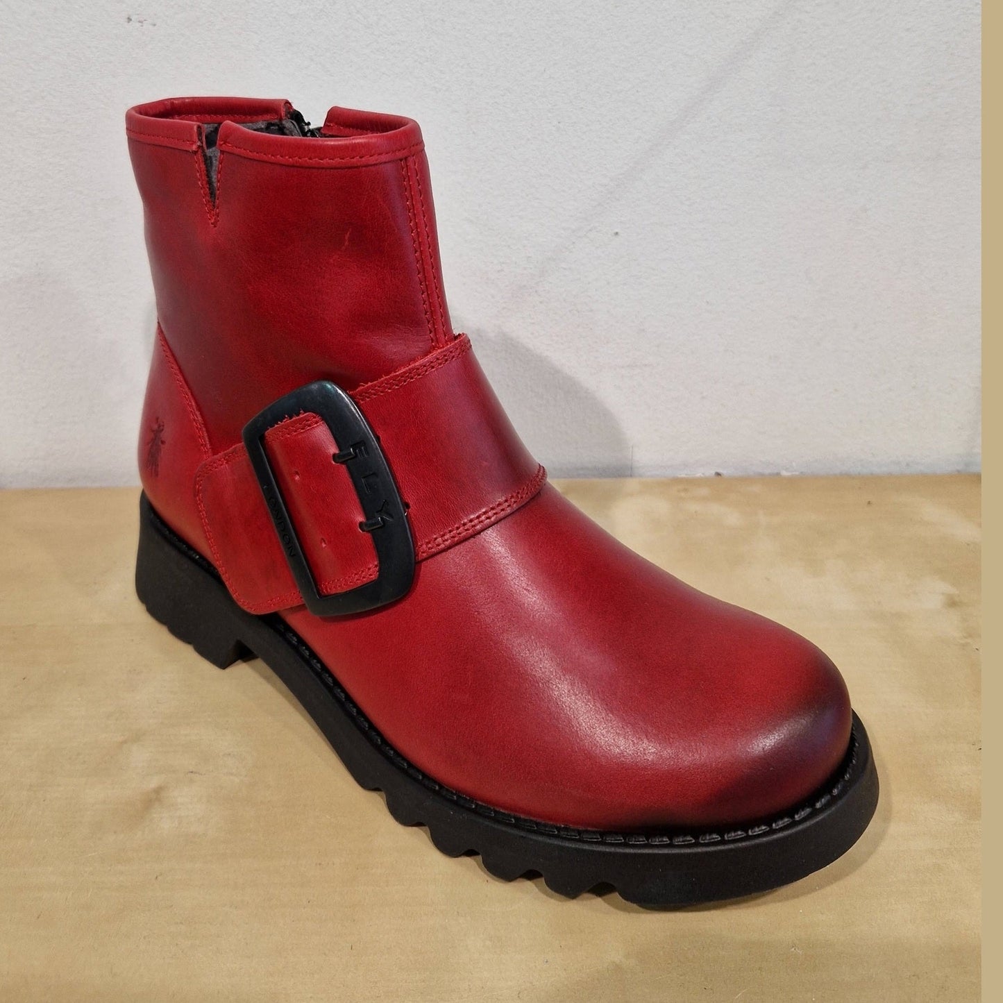 Fly London Riley RED Leather Zip Ankle Boot with Buckle Trim