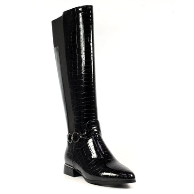 Lunar Long Riding Boot with Zip and Elasticated back Reed BLACK PAT GLC811 BK