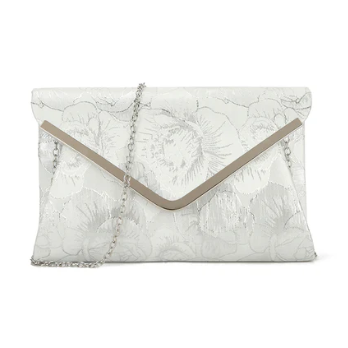 H2211 SILVER Clutch Bag with Floral Detail and Detachable Chain Strap