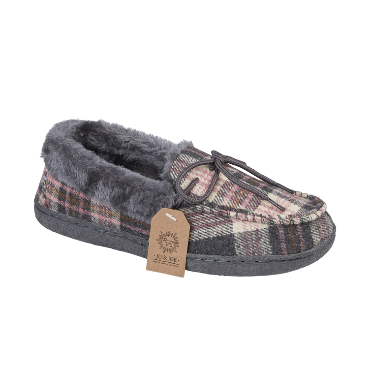 Jo & Joe Ladies fur lined Moccasin Slipper Pembroke PEBBLE