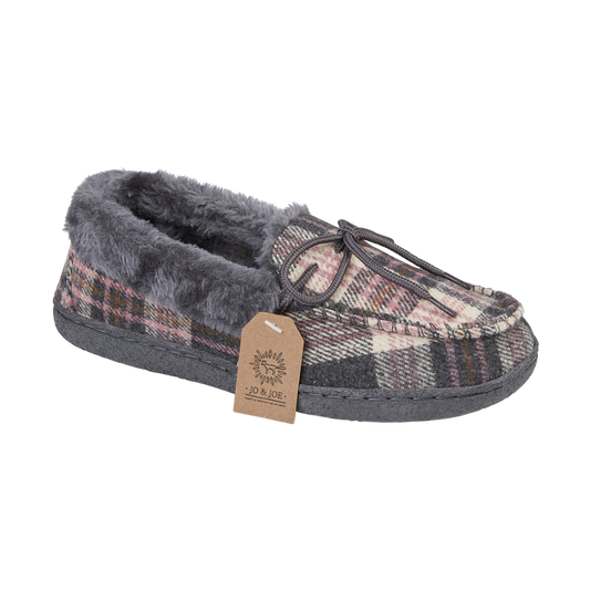 Jo & Joe Ladies fur lined Moccasin Slipper Pembroke PEBBLE