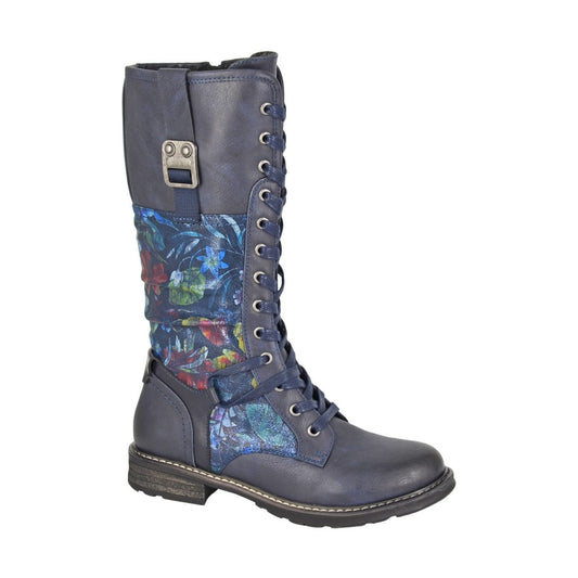Cipriata L755 NAVY Floral Trim Long Lace Up Boot With Zip L755C