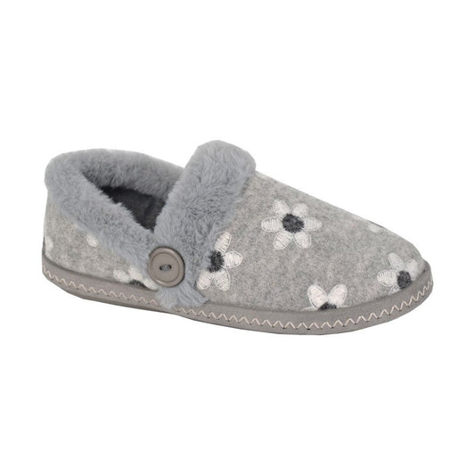 Sleepers Trina Grey Flower design Fur Trim Slipper LS185F
