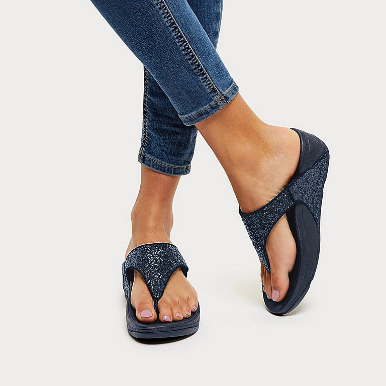 Fitflop Lulu Glitter NAVY Toe Post Wedge Sandal X03-339
