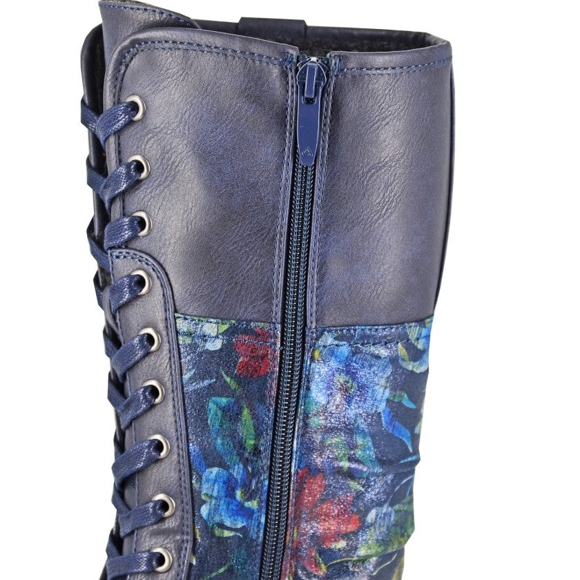 Cipriata L755 NAVY Floral Trim Long Lace Up Boot With Zip L755C