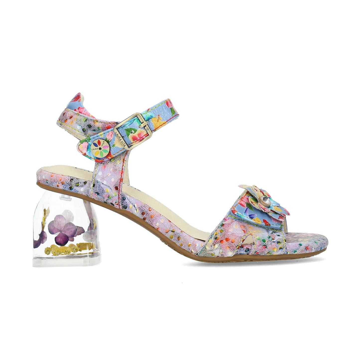 Laura Vita Framboiseo 16 BLEU Touch Fastening Bar Shoe With Floral Heel Trim