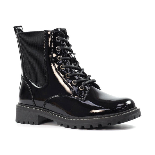 Lunar Alexis BLACK Patent Lace Up Boot With Inside Zip