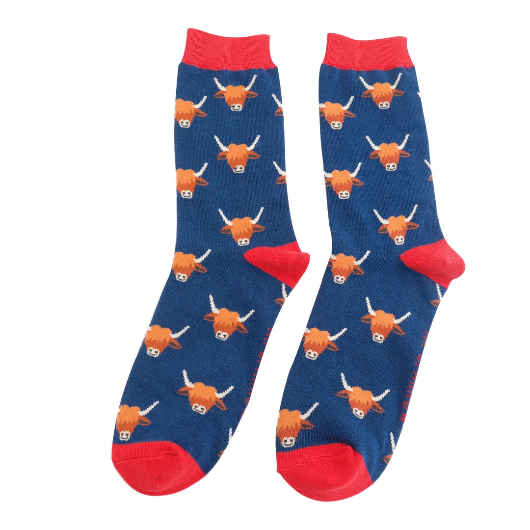 Mr Sparrow Highland Cow NAVY Quality Bamboo Socks MR065